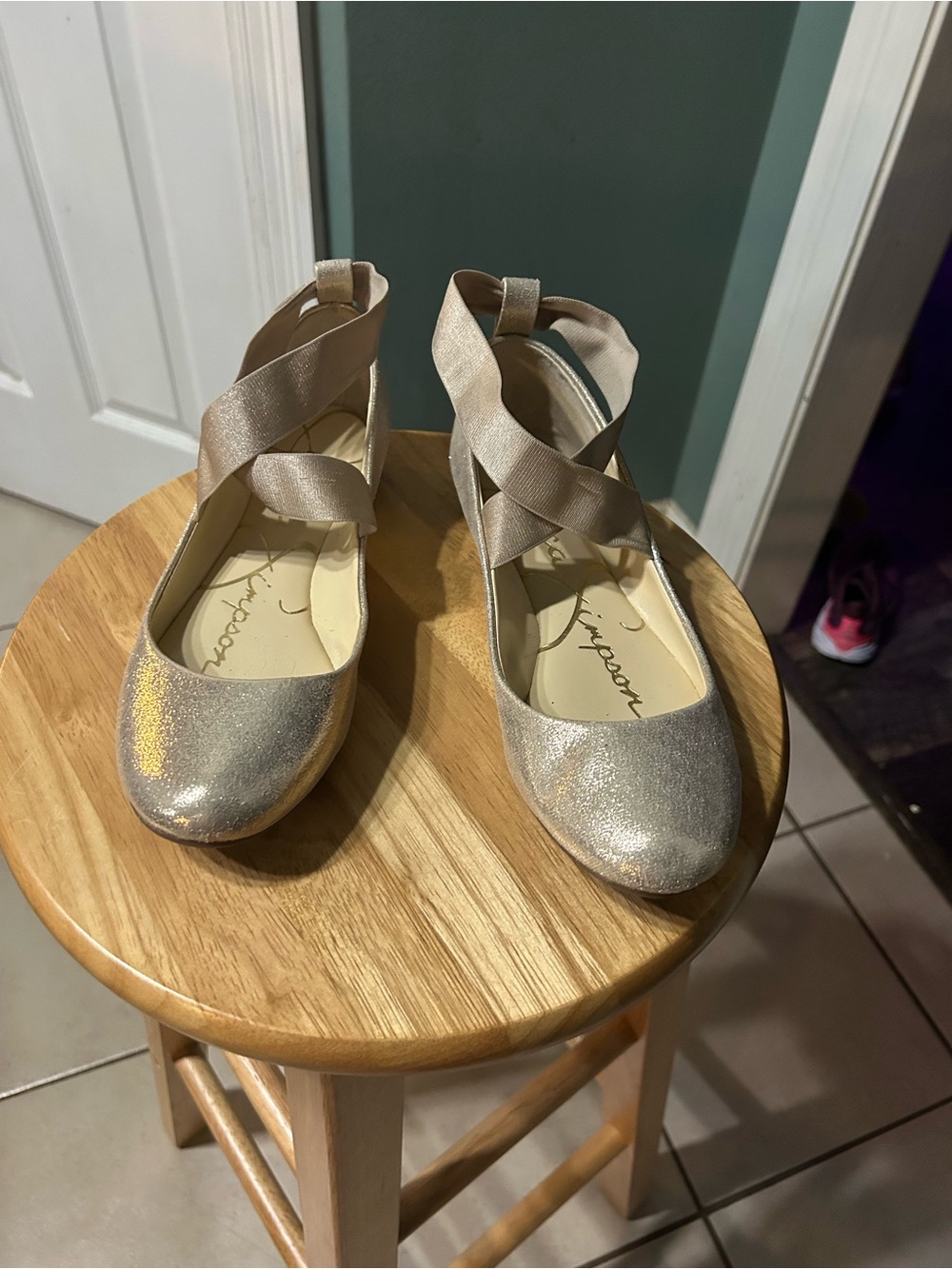 Jessica Simpson Girls' Glitter Ballet Flats with Crisscross Ribbon Straps - Gold